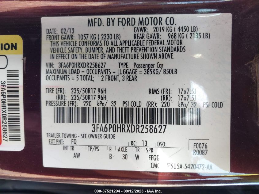 2013 FORD FUSION SE - 3FA6P0HRXDR258627