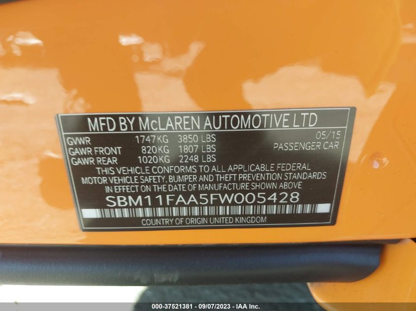 2015 MCLAREN AUTOMOTIVE 650S SPIDER SBM11FAA5FW005428
