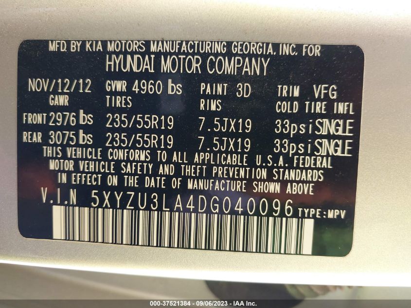 2013 HYUNDAI SANTA FE 2.0T SPORT - 5XYZU3LA4DG040096