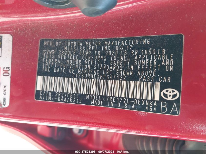 2017 TOYOTA COROLLA L/LE/XLE/SE - 5YFBURHEXHP647122