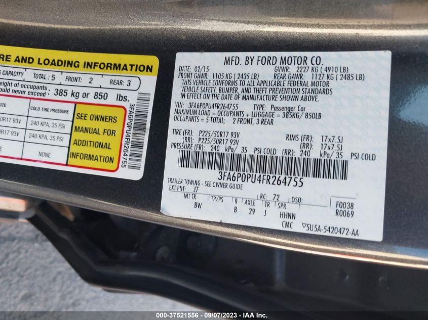 2015 FORD FUSION ENERGI SE LUXURY - 3FA6P0PU4FR264755