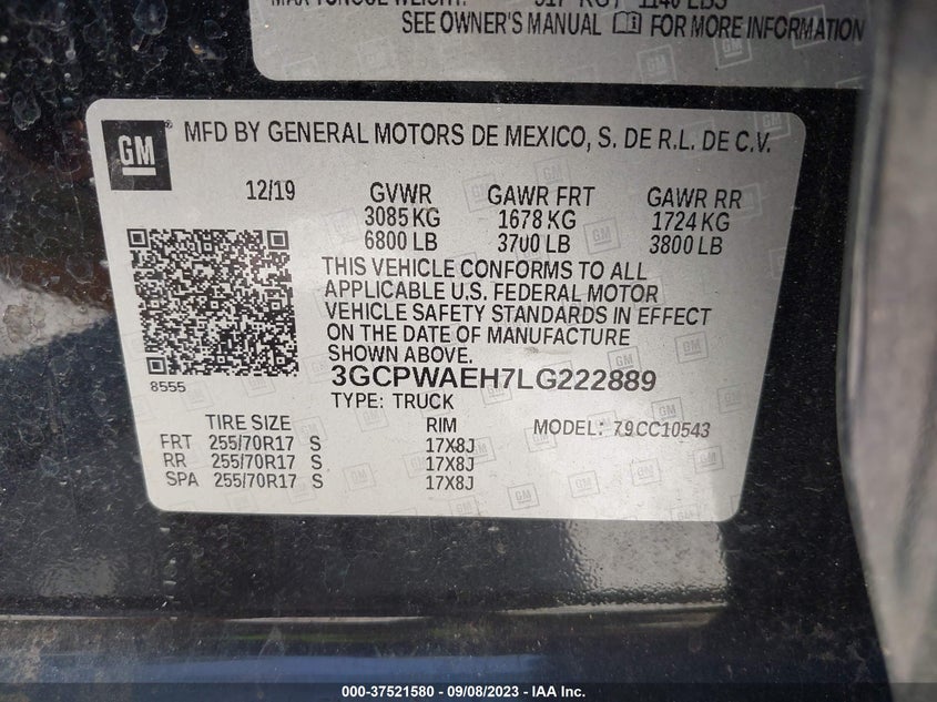 VIN 3GCPWAEH7LG222889 2020 CHEVROLET SILVERADO 1500 WORK TRUCK