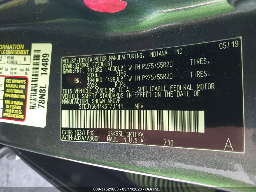 2019 TOYOTA SEQUOIA LIMITED - 5TDJY5G14KS173111