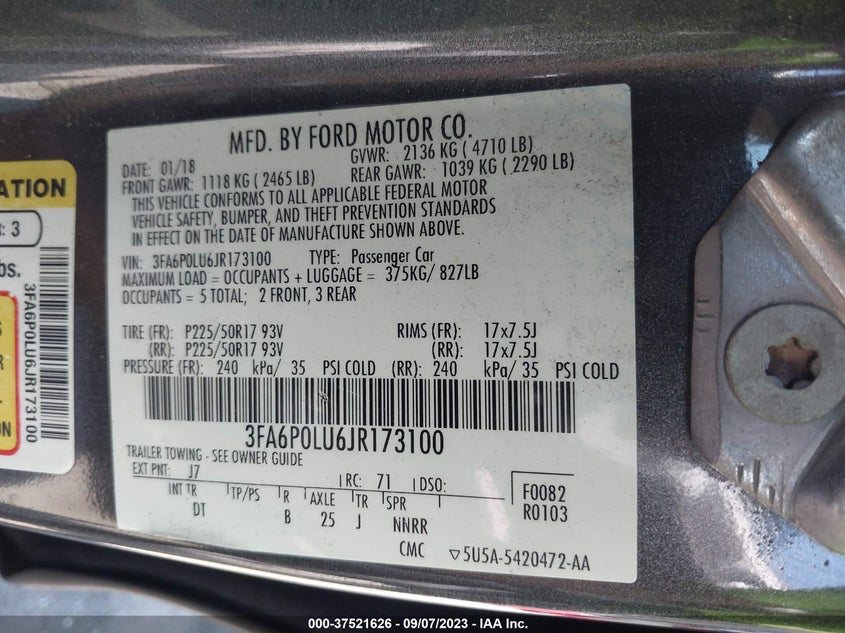 VIN 3FA6P0LU6JR173100 2018 FORD FUSION HYBRID SE