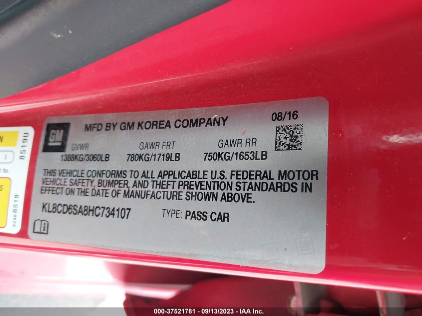 VIN KL8CD6SA8HC734107 2017 CHEVROLET SPARK LT