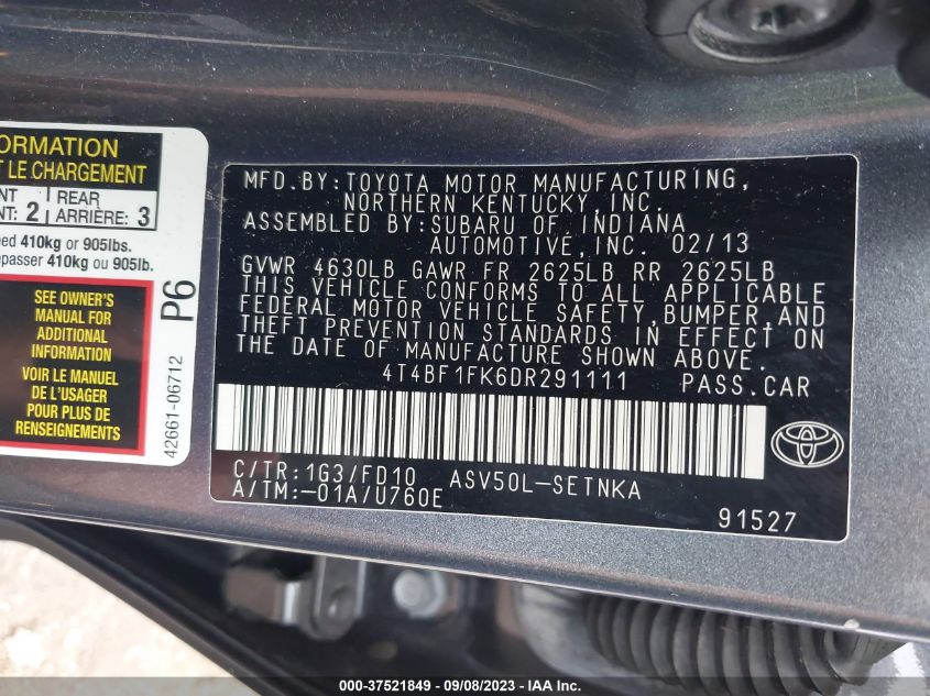 2013 TOYOTA CAMRY L/LE/SE/XLE - 4T4BF1FK6DR291111