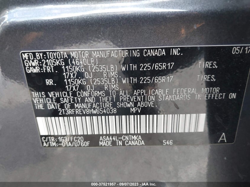 VIN 2T3RFREV8HW654038 2017 TOYOTA RAV4 XLE