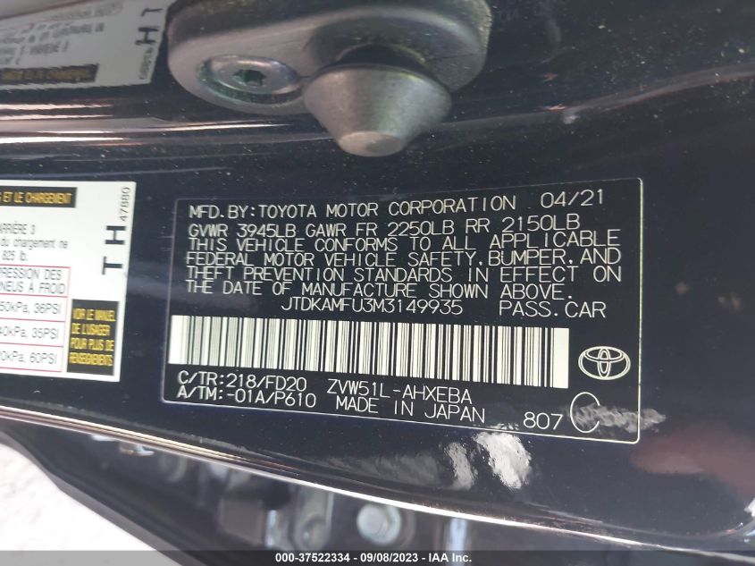 2021 TOYOTA PRIUS L - JTDKAMFU3M3149935