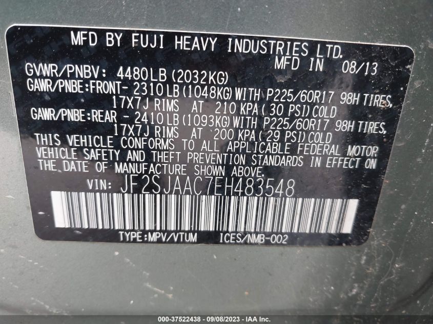 2014 SUBARU FORESTER 2.5I - JF2SJAAC7EH483548
