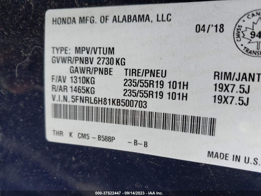 2019 HONDA ODYSSEY TOURING - 5FNRL6H81KB500703