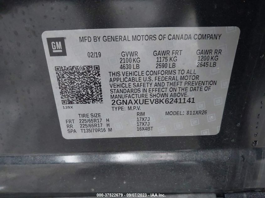 2019 CHEVROLET EQUINOX LT - 2GNAXUEV8K6241141