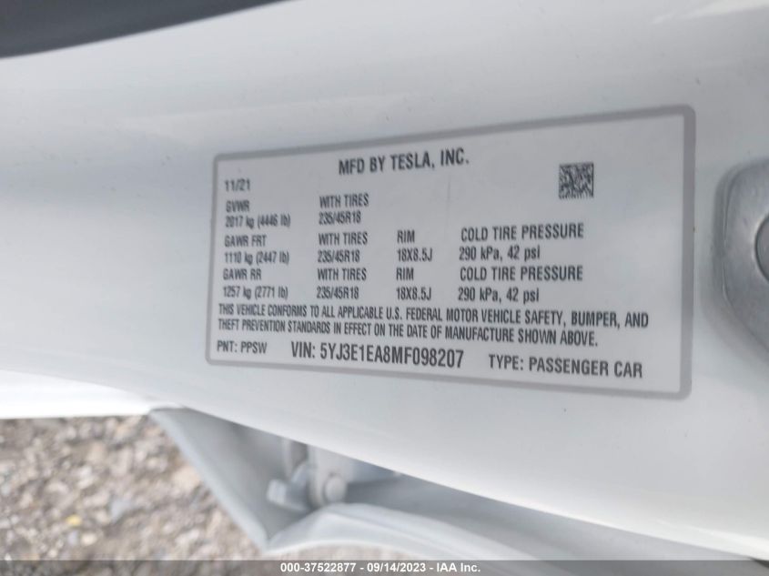 2021 TESLA MODEL 3 - 5YJ3E1EA8MF098207