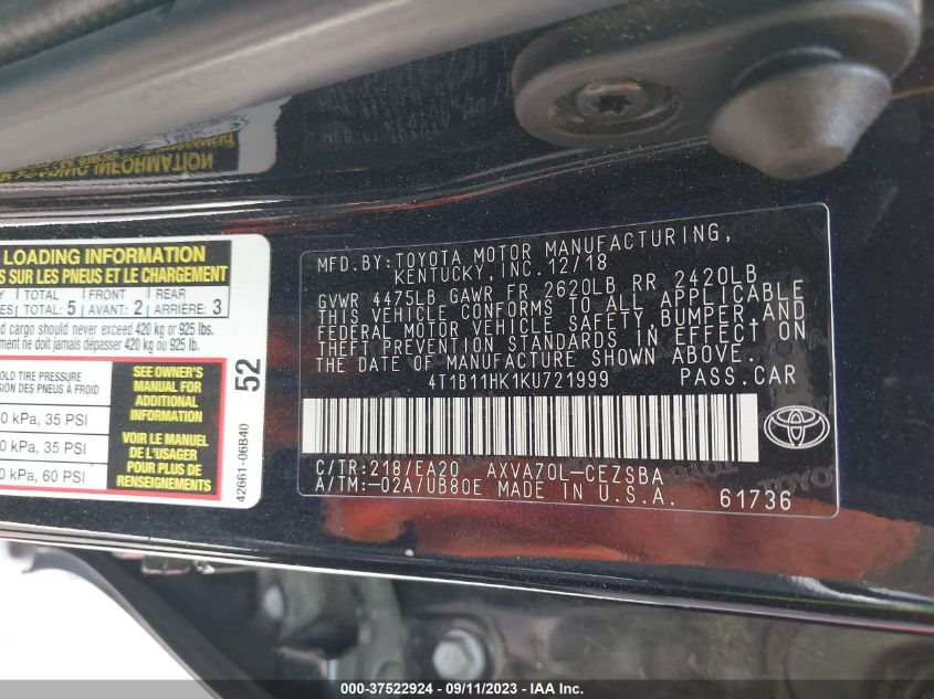 2019 TOYOTA CAMRY L/LE/XLE/SE/XSE - 4T1B11HK1KU721999