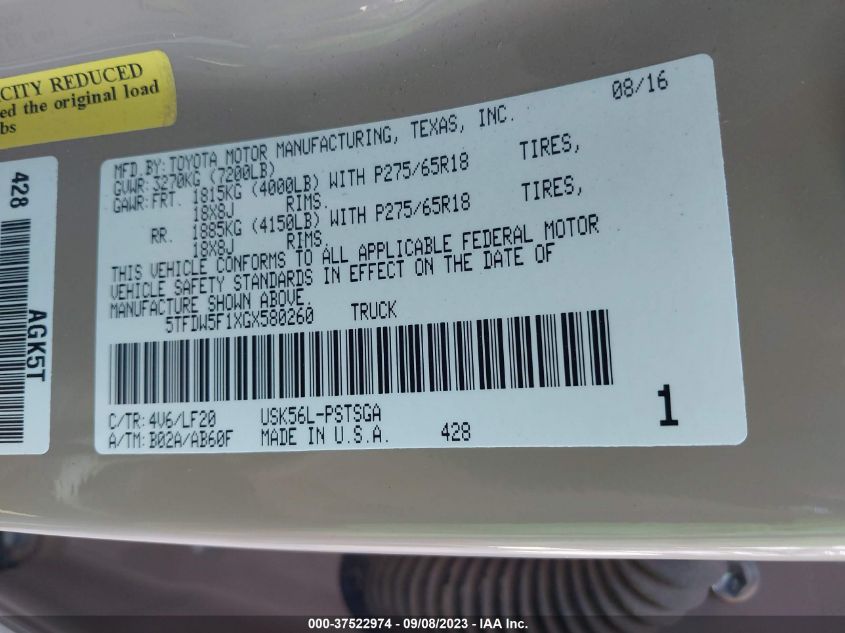 2016 TOYOTA TUNDRA 4WD TRUCK SR5/TRD PRO 5TFDW5F1XGX580260
