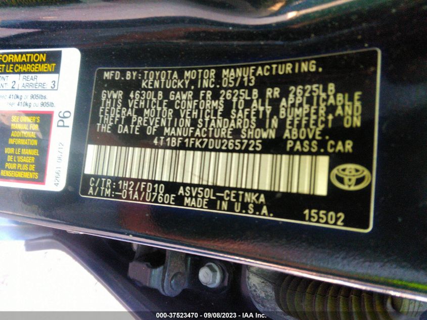 2013 TOYOTA CAMRY L/SE/LE/XLE - 4T1BF1FK7DU265725
