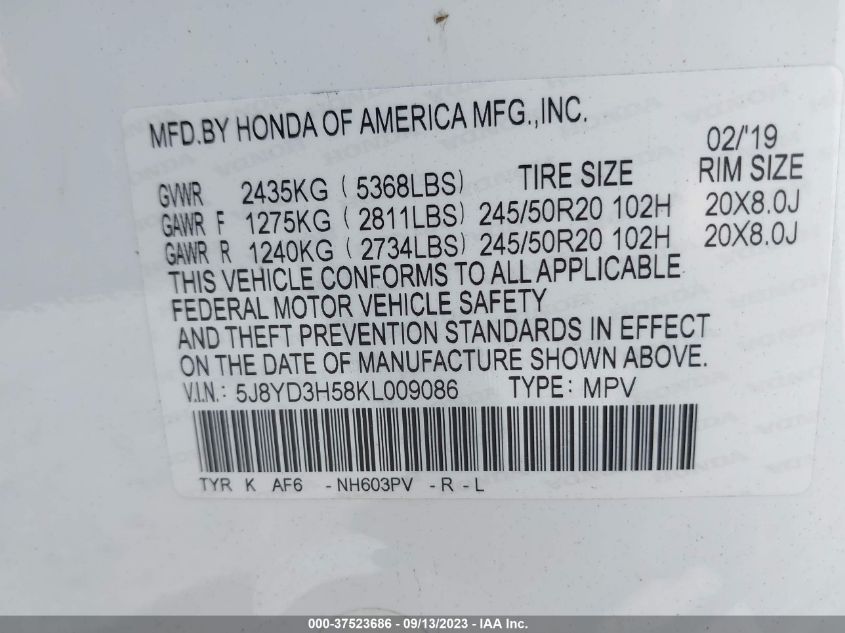 5J8YD3H58KL009086 Acura MDX W/TECHNOLOGY PKG 9