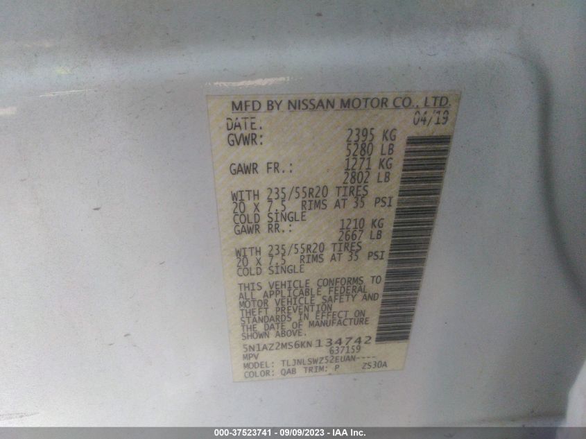 2019 NISSAN MURANO PLATINUM - 5N1AZ2MS6KN134742
