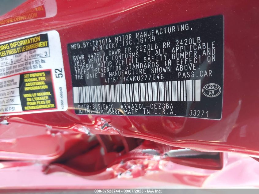 2019 TOYOTA CAMRY L/LE/XLE/SE/XSE - 4T1B11HK4KU277646
