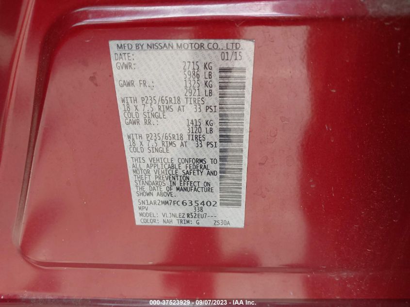 2015 NISSAN PATHFINDER PLATINUM/SV/SL/S - 5N1AR2MM7FC635402
