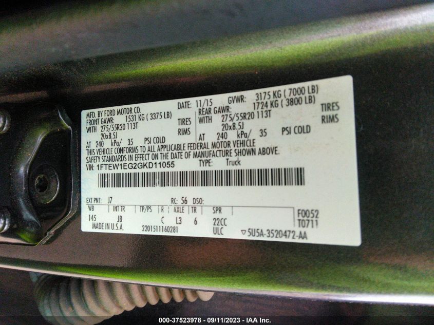 2016 FORD F-150 XLT/XL/LARIAT/PLATINUM - 1FTEW1EG2GKD11055