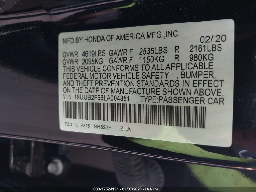 VIN 19UUB2F68LA004851 2020 ACURA TLX TECHNOLOGY/A-SPEC