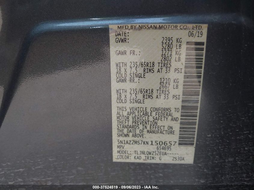 2019 NISSAN MURANO SV - 5N1AZ2MS7KN150657