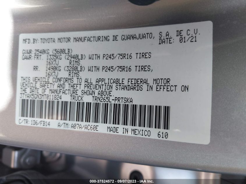 2021 TOYOTA TACOMA 2WD SR/SR5 - 3TYAX5GN3MT011824