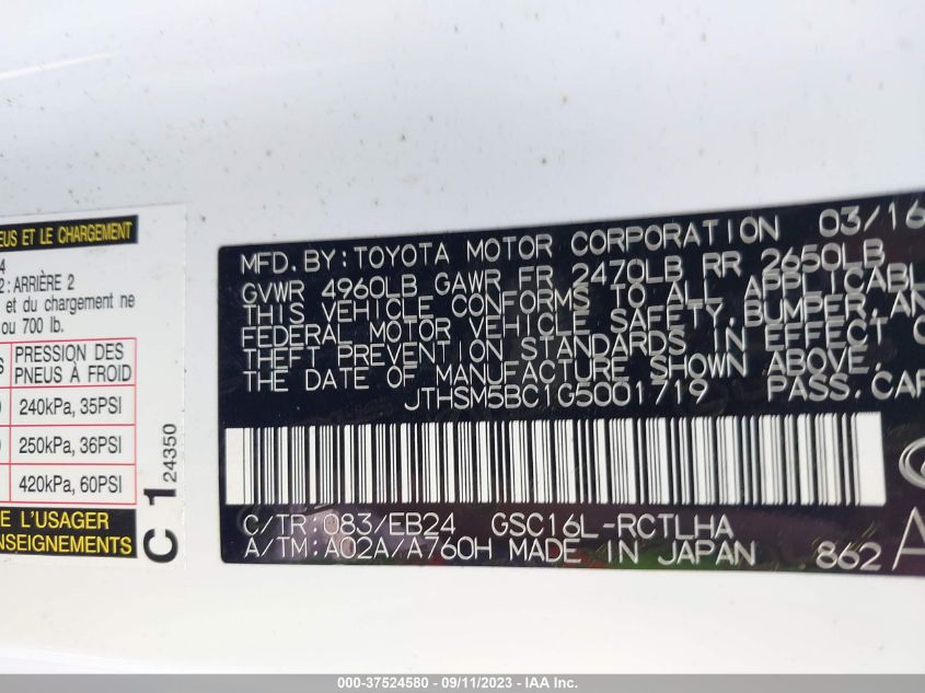 2016 LEXUS RC 300 - JTHSM5BC1G5001719