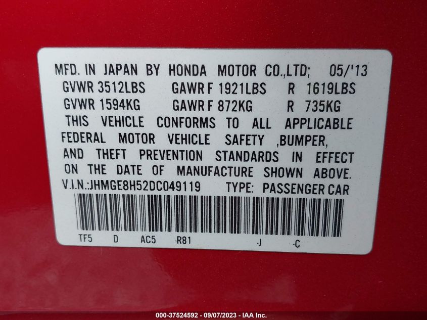 2013 HONDA FIT SPORT - JHMGE8H52DC049119