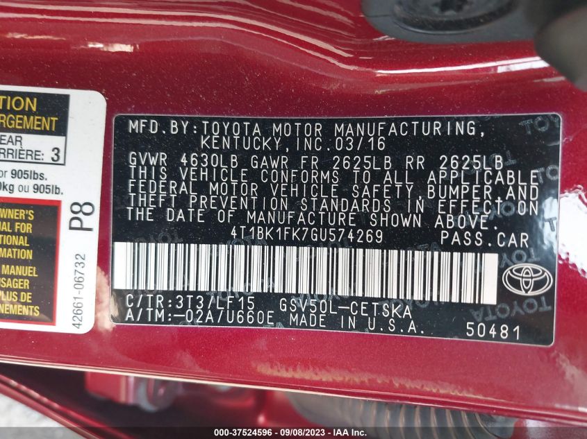 2016 TOYOTA CAMRY XSE/XLE - 4T1BK1FK7GU574269