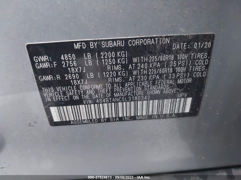 VIN 4S4BTANC5L3180342 2020 SUBARU OUTBACK LIMITED