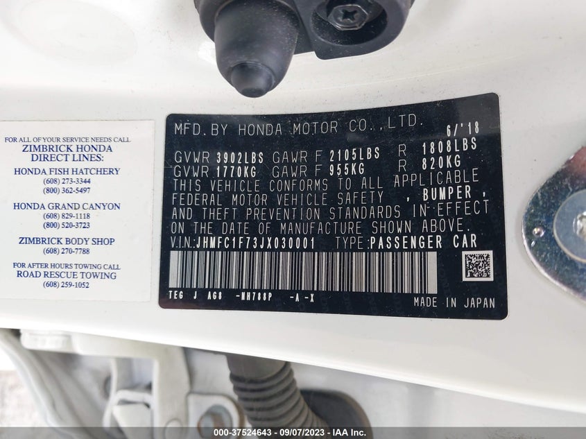 VIN JHMFC1F73JX030001 2018 HONDA CIVIC SEDAN EX-L
