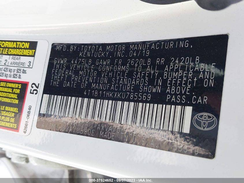 2019 TOYOTA CAMRY LE/SE/XLE/L - 4T1B11HKXKU788869