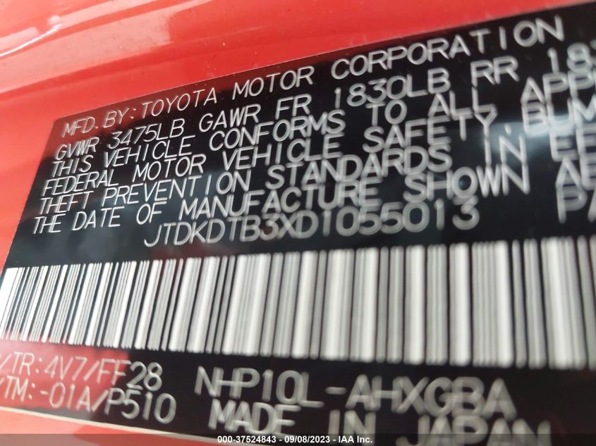 2013 TOYOTA PRIUS C ONE/TWO/THREE/FOUR - JTDKDTB3XD1055013