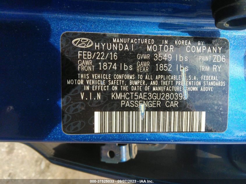 2016 HYUNDAI ACCENT SE - KMHCT5AE3GU280393