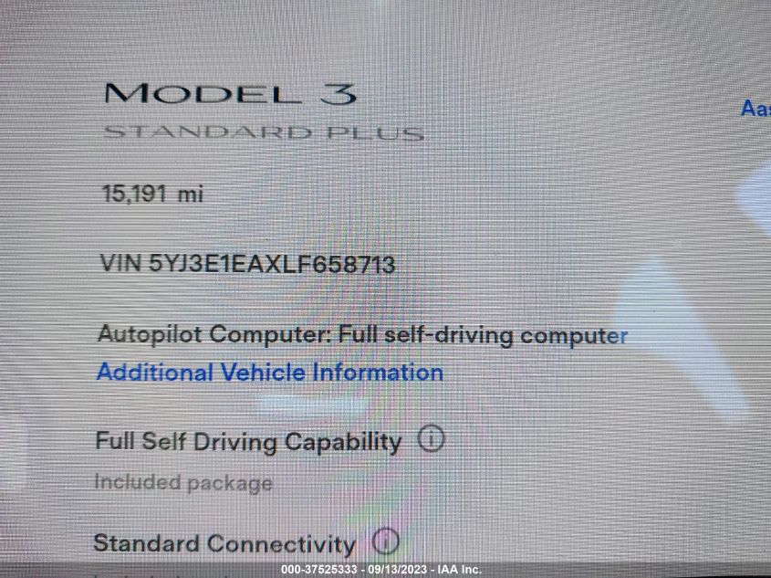 2020 TESLA MODEL 3 STANDARD RANGE - 5YJ3E1EAXLF658713