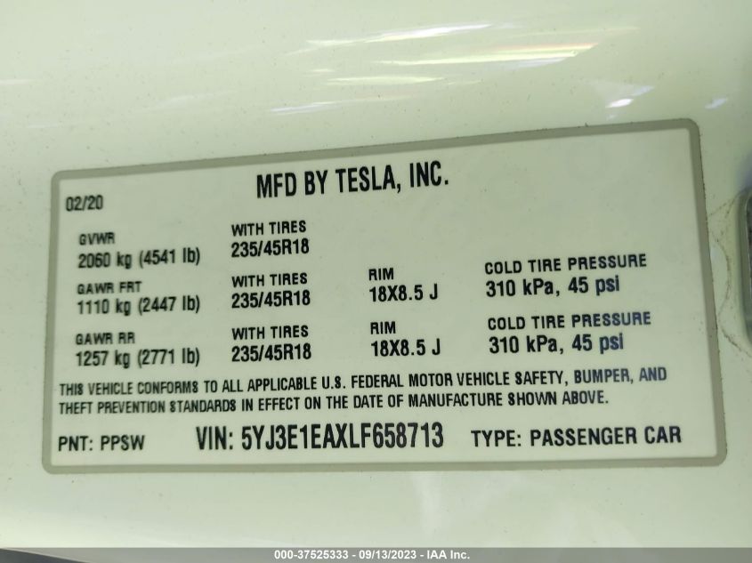 2020 TESLA MODEL 3 STANDARD RANGE - 5YJ3E1EAXLF658713