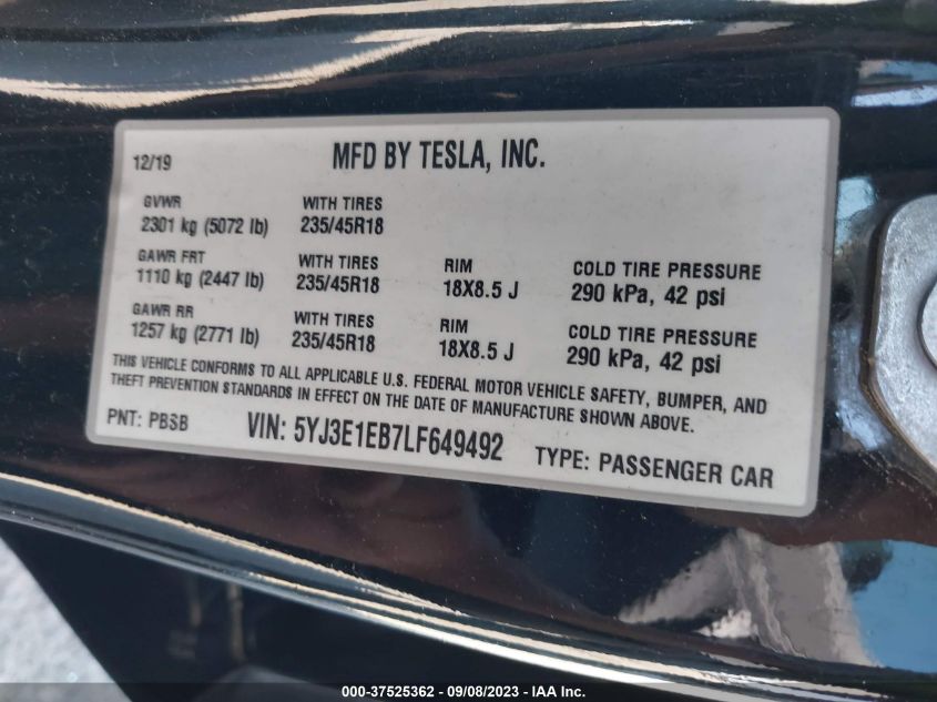 2020 TESLA MODEL 3 LONG RANGE - 5YJ3E1EB7LF649492