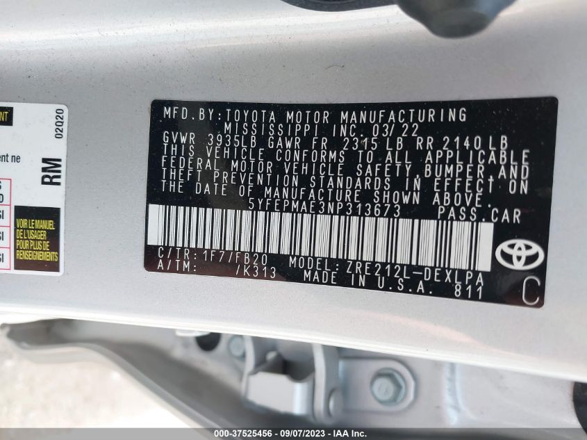 2022 TOYOTA COROLLA LE - 5YFEPMAE3NP313673
