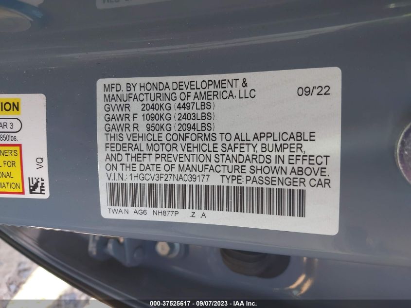 1HGCV3F27NA039177 Honda Accord Hybrid SPORT 9