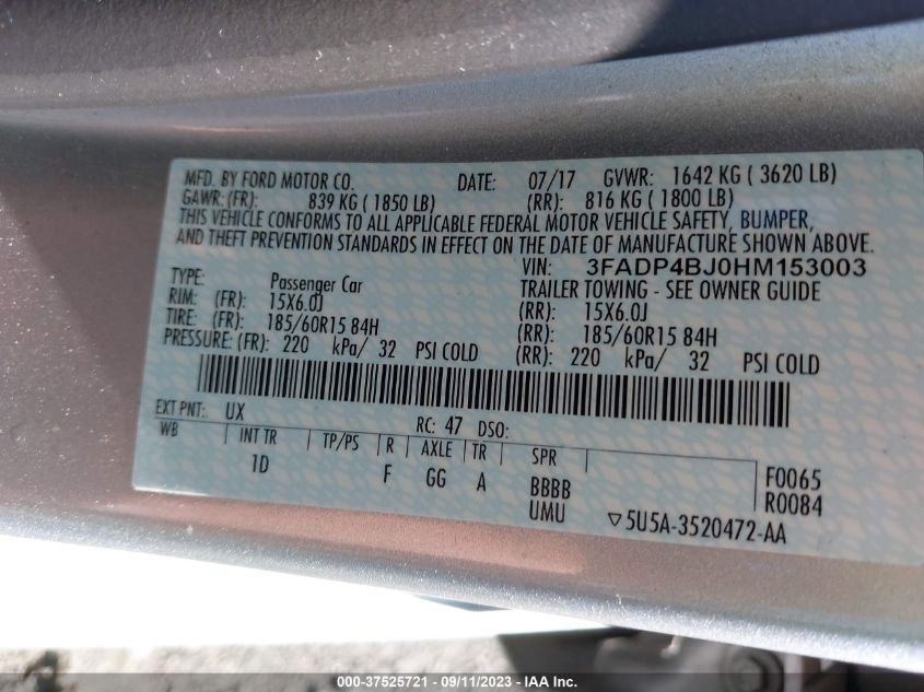 2017 FORD FIESTA SE - 3FADP4BJ0HM153003