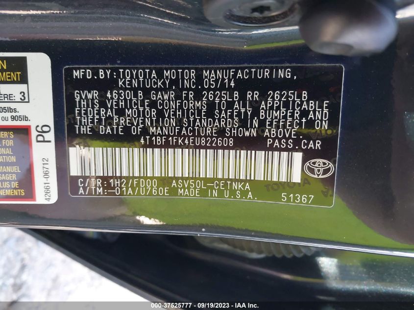 2014 TOYOTA CAMRY L/LE/XLE/SE/SE SPORT - 4T1BF1FK4EU822608
