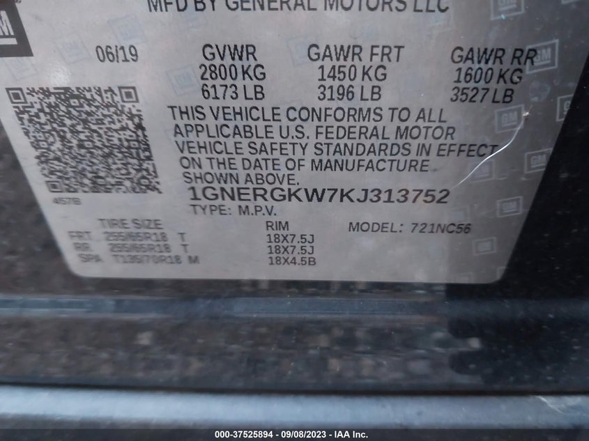 VIN 1GNERGKW7KJ313752 2019 CHEVROLET TRAVERSE LT CLOTH