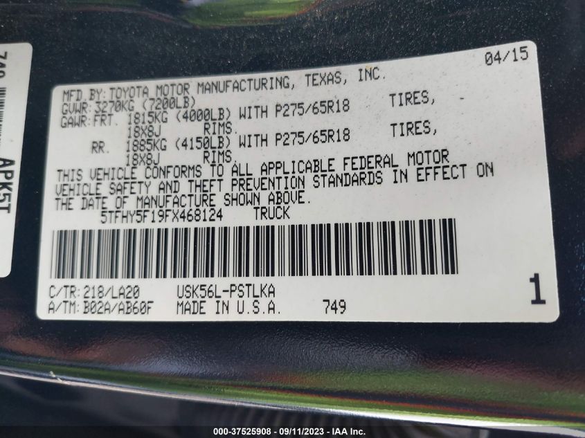 2015 TOYOTA TUNDRA 4WD TRUCK LTD - 5TFHY5F19FX468124