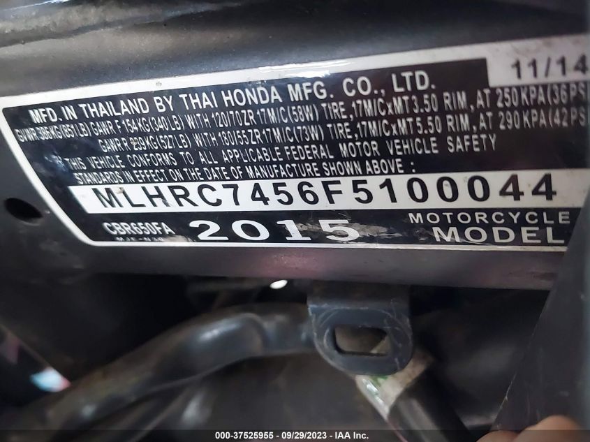 2015 HONDA CBR650 125 - MLHJC6115F5100044