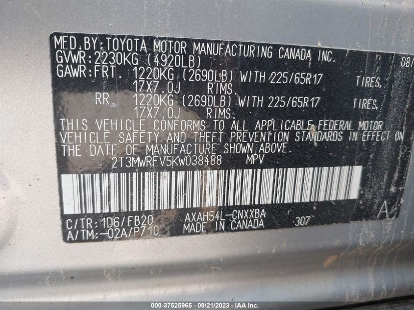 2019 TOYOTA RAV4 LE - 2T3MWRFV5KW038488