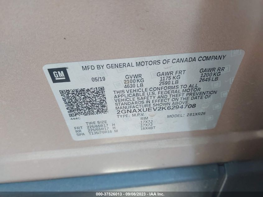 2019 CHEVROLET EQUINOX LT - 2GNAXUEV2K6294708