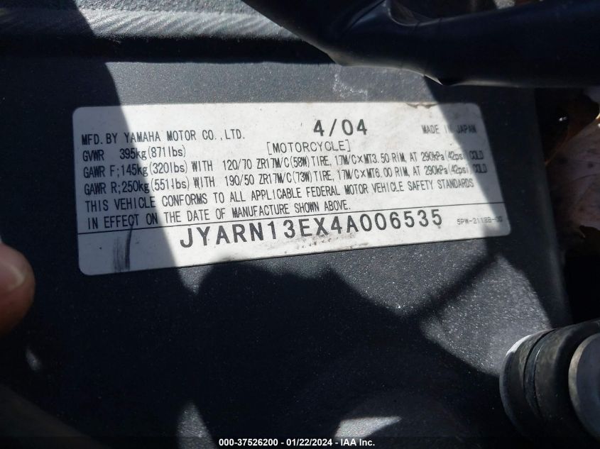 2004 YAMAHA YZFR1 JYARN13EX4A006535