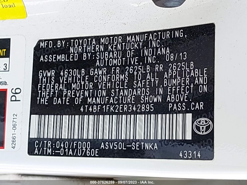 2014 TOYOTA CAMRY L/LE/XLE/SE/SE SPORT - 4T4BF1FK2ER342895