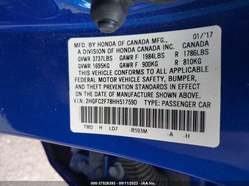 2017 HONDA CIVIC SEDAN EX - 2HGFC2F78HH517590